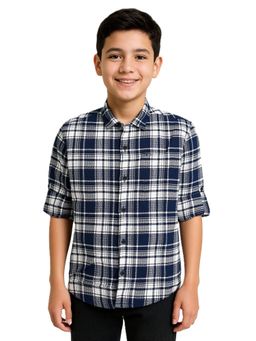 CHARCHIT - Navy Blue Cotton Checks Shirt