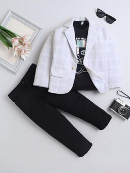 FOURFOLDS - Beige Cotton Blend Checks Blazer With T-Shirt & Pant