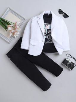 FOURFOLDS - Off White Cotton Blend Checks Blazer With T-Shirt & Pant