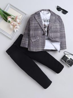 FOURFOLDS - Brown Cotton Blend Checks Blazer With T-Shirt & Pant