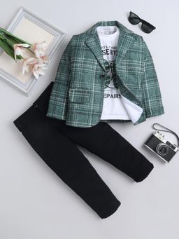 FOURFOLDS - Green Cotton Blend Checks Blazer With T-Shirt & Pant