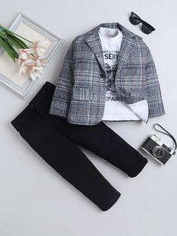 FOURFOLDS - Grey Cotton Blend Checks Blazer With T-Shirt & Pant