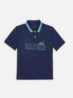 Tommy Hilfiger - Navy Blue Cotton Typography Polo T-Shirt
