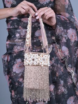 Odette - Peach Shell and Beads Embroidered Cylindrical Tassels Clutch for Women