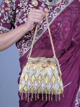 Odette - Yellow and White Sequins Embellished Tassels Potli Bag for Women