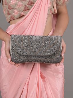 Odette - Grey Beads Embroidered Clutch with Detachable Sling for Women (Set of 2)