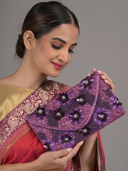 Odette - Purple Beads & Sequins Embroidered Envelope Clutch with Detachable Sling for Women (Set of 2)