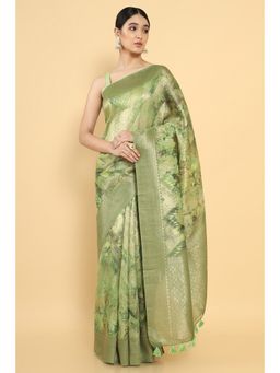 Soch - Women Green Chanderi Self Design Saree with Unstitched Blouse