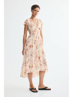 H&M - Women Beige Ruched Cap-Sleeved Dress