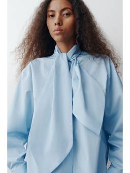 H&M - Women Blue Bow-Collar Cotton Poplin Shirt