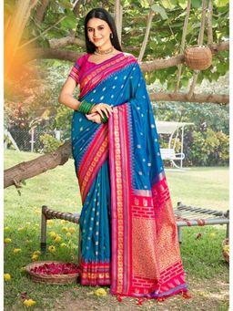 Sutriti - Graceful Blue Banarasi Golden Zari Woven Border Floral Saree with Unstitched Blouse
