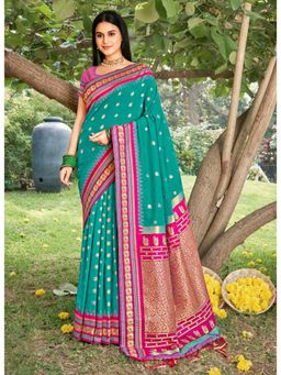 Sutriti - Graceful Sea Green Banarasi Golden Zari Woven Border Floral Saree with Unstitched Blouse