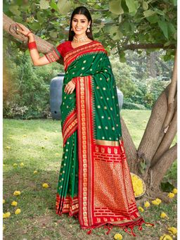 Sutriti - Graceful Green Banarasi Golden Zari Woven Border Floral Saree with Unstitched Blouse