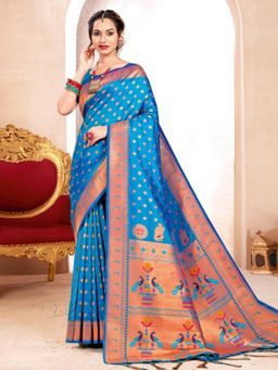 Sutriti - Blue Kanjivaram Golden Zari and Colorful Peacock Woven Saree with Unstitched Blouse