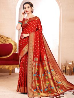 Sutriti - Red Kanjivaram Golden Zari and Colorful Peacock Saree with Unstitched Blouse