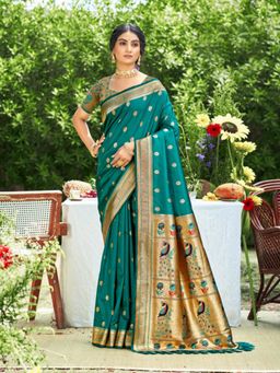 Sutriti - Graceful Teal Banarasi Golden Zari Woven Border Floral Saree with Unstitched Blouse