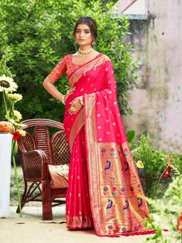 Sutriti - Graceful Pink Banarasi Golden Zari Woven Border Floral Saree with Unstitched Blouse