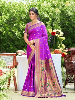 Sutriti - Graceful Violet Banarasi Golden Zari Woven Border Floral Saree with Unstitched Blouse