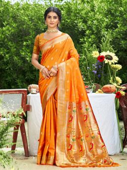 Sutriti - Graceful Orange Banarasi Golden Zari Woven Border Floral Saree with Unstitched Blouse