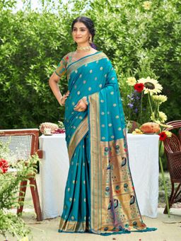 Sutriti - Graceful Teal Banarasi Golden Zari Woven Border Floral Saree with Unstitched Blouse