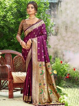 Sutriti - Graceful Wine Banarasi Golden Zari Woven Border Floral Saree with Unstitched Blouse