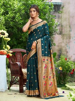 Sutriti - Graceful Green Banarasi Golden Zari Woven Border Floral Saree with Unstitched Blouse