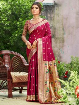 Sutriti - Graceful Maroon Banarasi Golden Zari Woven Border Floral Saree with Unstitched Blouse