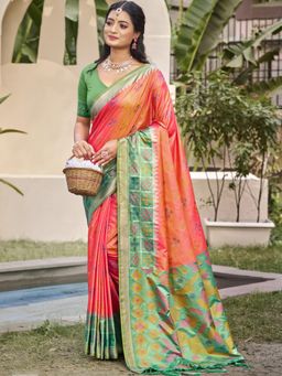 Sutriti - Peach Pochampalli Elegant Traditional Wedding Festive Wear Saree with Unstitched Blouse