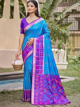 Sutriti - Blue Pochampalli Elegant Traditional Wedding Festive Wear Saree with Unstitched Blouse