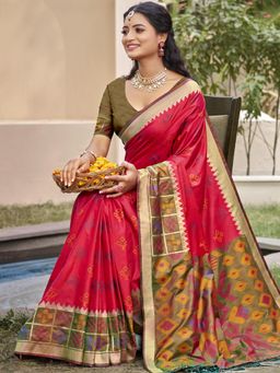 Sutriti - Red Pochampalli Elegant Traditional Wedding Festive Wear Saree with Unstitched Blouse