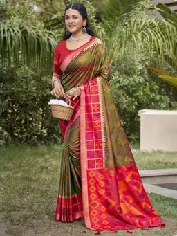 Sutriti - Mhendi Green Pochampalli Elegant Traditional Wedding Saree with Unstitched Blouse
