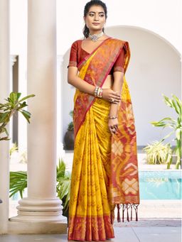 Sutriti - Yellow Maroon Pochampalli Soft Silk Saree with Unstitched Blouse