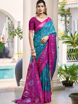 Sutriti - Sky Blue Magenta Pochampalli Soft Silk Saree with Unstitched Blouse