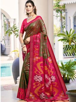 Sutriti - Olive Green Red Pochampalli Soft Silk Saree with Unstitched Blouse