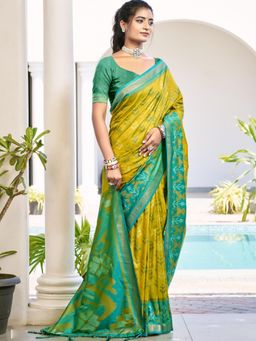 Sutriti - Mustard Yellow Green Pochampalli Soft Silk Saree with Unstitched Blouse