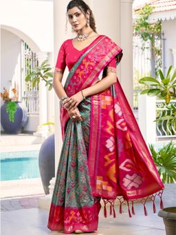 Sutriti - Grey Pink Pochampalli Soft Saree with Unstitched Blouse
