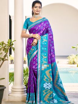 Sutriti - Violet Sky Blue Pochampalli Soft Silk Saree with Unstitched Blouse