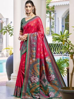 Sutriti - Red Mhendi Green Pochampalli Soft Silk Saree with Unstitched Blouse