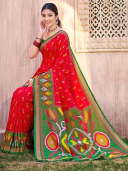 Sutriti - Red Pochampalli Elegant Traditional Wedding Festive Wear Saree with Unstitched Blouse