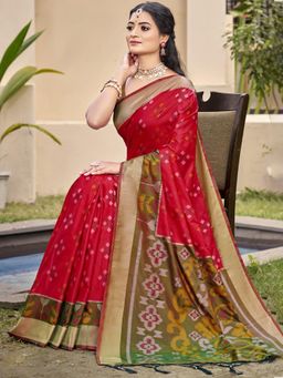 Sutriti - Exquisite Red Mhendi Green Pochampalli Soft Ikat Woven Saree with Unstitched Blouse