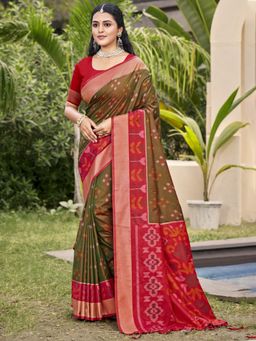 Sutriti - Exquisite Olive Red Pochampalli Soft with Grand Ikat Woven Saree with Unstitched Blouse