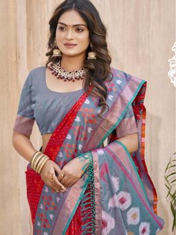 Sutriti - Royal Red Grey Pochampalli Soft Traditional Ikat Woven Saree with Unstitched Blouse