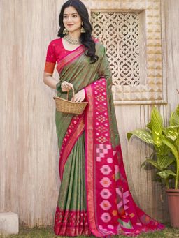 Sutriti - Mhendi Green Red Pochampalli Soft Traditional Ikat Woven Saree with Unstitched Blouse