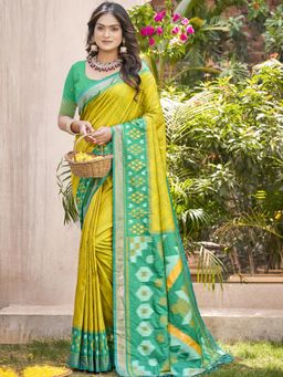 Sutriti - Mustard Yellow Green Pochampalli Soft Traditional Ikat Woven Saree with Unstitched Blouse