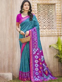 Sutriti - Sea Green Violet Pochampalli Soft Traditional Ikat Woven Saree with Unstitched Blouse