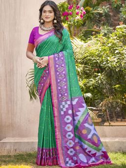 Sutriti - Sea Green Violet Pochampalli Soft Traditional Ikat Woven Saree with Unstitched Blouse