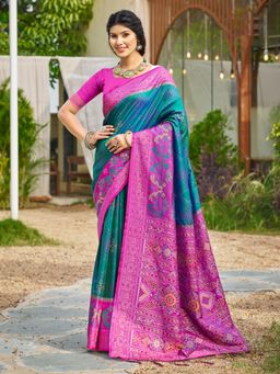 Sutriti - Teal Blue Pochampalli for Women Wedding Festive Wear Saree with Unstitched Blouse