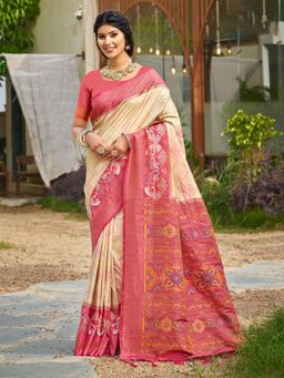 Sutriti - Cream Pochampalli for Women Wedding Festive Wear Saree with Unstitched Blouse