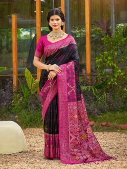 Sutriti - Black Pochampalli for Women Wedding Festive Wear Saree with Unstitched Blouse