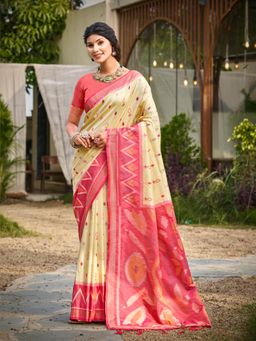 Sutriti - Cream Pochampalli Traditional Wedding Festive Wear Saree with Unstitched Blouse